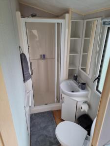 ein kleines Badezimmer mit Dusche und Toilette in der Unterkunft Newquay Bay Holiday Resort Caravan 142 in Newquay Bay Resort