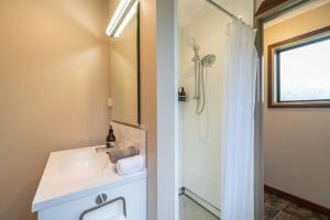 a bathroom with a sink and a shower at Te Anau Cottage in Te Anau