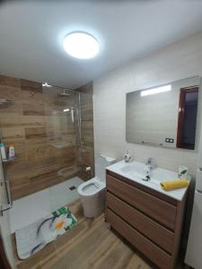 a bathroom with a shower and a toilet and a sink at Ca Lili 2, Precioso apartamento en el Puerto De Las Nieves, Agaete in Puerto de las Nieves +28 photos