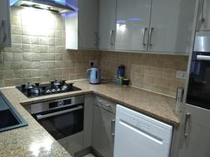 eine Küche mit weißen Schränken und einem Herd mit Backofen in der Unterkunft Centrally located, beautifully presented apartment in Torquay