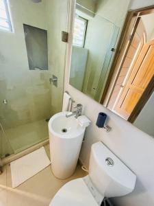 une salle de bain avec toilettes, lavabo et miroir dans l'établissement Villa 8 frente al mar, à Zihuatanejo 12 autres photos