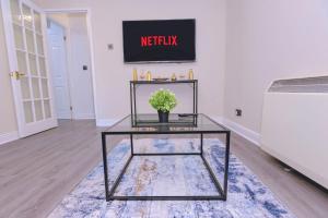 a black coffee table with a plant on a rug at Bright apartment in London +7 photos