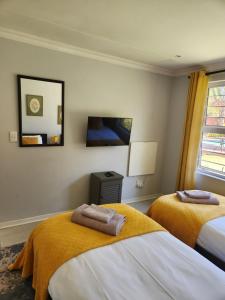 ein Hotelzimmer mit zwei Betten und einem Fernseher in der Unterkunft Coconut Cottage in Randburg + 29 Fotos