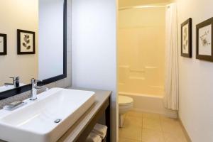 a bathroom with a sink and a toilet and a mirror at Country Inn & Suites by Radisson, Fargo, ND in Fargo