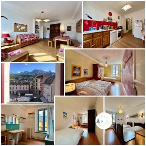 a collage of photos of a hotel room at Evasion Authentique - Centre ville - Jeux de société in Barcelonnette