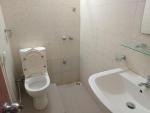 un bagno bianco con un water e un lavandino di Mindi Guest a Anuradhapura