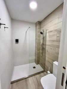 a bathroom with a shower and a toilet at Ribera Suites GP in Córdoba