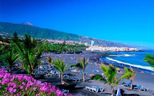 una spiaggia con palme e persone sulla spiaggia di Mar Celeste a Puerto de la Cruz