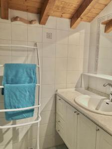La salle de bains est pourvue d'un lavabo et d'un sèche-serviettes. dans l'établissement Chalet Rivière du Bon Nant Location de 6 à 14 personnes en Haute Savoie, à Saint-Gervais-les-Bains