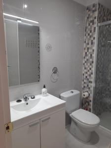 Un baño con lavabo, inodoro y ducha. en El Parque 4 dormitorios wifi playa centro, en Sanlúcar de Barrameda