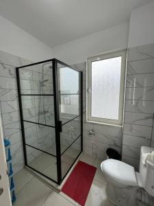 a bathroom with a shower with a toilet and a window at Modern apartment overlooking the city of Tirana in Kamëz
