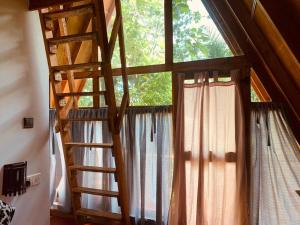 una scala in legno che conduce a una finestra in una stanza di Angry Birds Tree house a Habarana