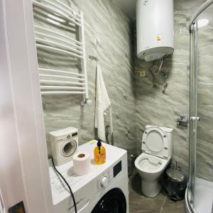 a small bathroom with a toilet and a shower at green house in Batumi