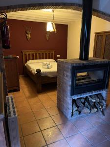 a room with a fireplace with a bed in the background at La Casita Roja Del Arcoíris in Riópar