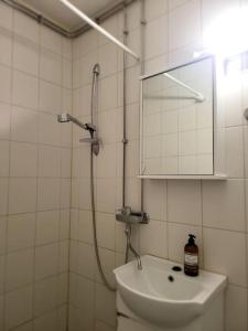 a bathroom with a shower and a toilet and a sink at Cozy apartment in Kemi City in Kemi