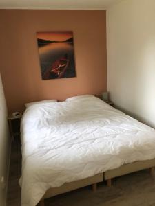a bedroom with a white bed with a painting on the wall at Sari in Steendam
