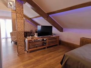a living room with a flat screen tv on a table at Green Land Club in Novi Banovci