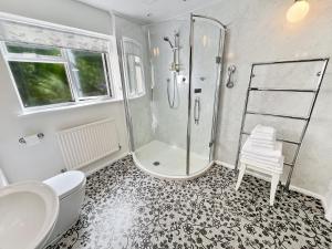 een badkamer met een douche, een toilet en een wastafel bij Gamekeeper’s Cottage Martinhoe in Martinhoe +27 foto's