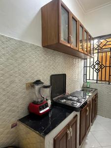 a kitchen with a blender on top of a counter at Amazing home stays 9 in Dar es Salaam
