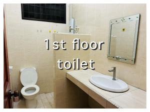a bathroom with a toilet and a sink and a mirror at Spacious Semi-D Taman Terus Homestay in Bintulu
