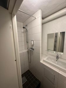 a bathroom with a shower and a sink at Hotell Skeppsbron in Stockholm