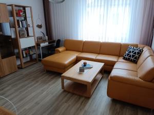 a living room with a couch and a coffee table at Nationalpark Apartments in Apetlon