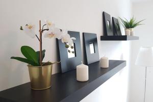 a black shelf with two candles and a plant on it at Cosy flat in a quiet location with free parking in Nitra