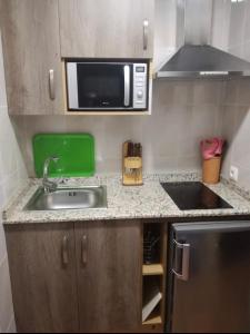 a small kitchen with a sink and a microwave at La Casita Roja Del Arcoíris in Riópar