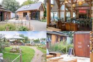 a collage of photos of a pub with tables and benches at Clearwater 31, The Lakehouse in Somerford Keynes
