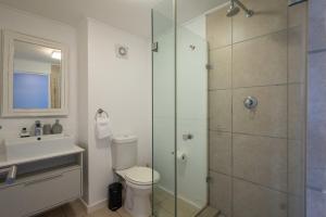 Un baño con ducha, inodoro y lavabo. en Apartment near Hout Bay Harbour, en Ciudad del Cabo 24 fotos más