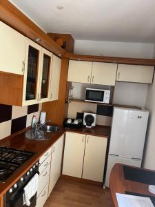 a small kitchen with a sink and a microwave at Leon Apartman in Pécs