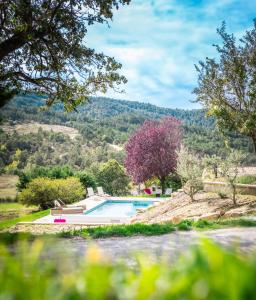 a pool in a villa with a mountain in the background at Domaine de Prefaissal in Mézel