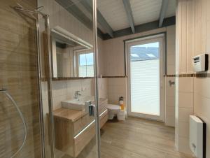 a bathroom with a shower and a sink and a toilet at Kiebitz 317 in Mirow +16 photos