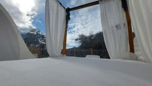 a bedroom with a bed and a window with white curtains at Glamping Burbuja Los Almendros in Málaga