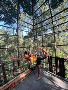 a woman dancing on a bridge in a forest at Whitetea Estatehouse Tree House in Munnar