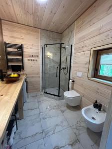 a bathroom with a shower and a toilet and a sink at Mazury Przyjazny Dom w Leleszkach z gorącą balią in Leleszki