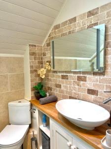 a bathroom with a sink and a toilet and a mirror at Peaceful Lakefront Escape w Deck Views in South Cerney +20 photos