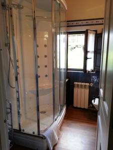 a bathroom with a shower with a glass door at El Oteru I in Villaviciosa