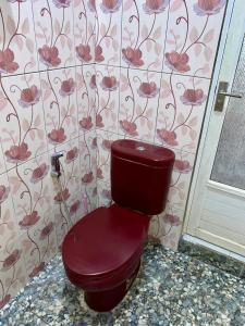 a burgundy toilet in a bathroom with flowers on the wall at New Family Homestay in Rinondoran