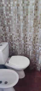 a bathroom with a white toilet and a shower curtain at Ruca Hueney in Tigre +60 photos