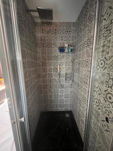 a small bathroom with a shower with a toilet at Willemsbrug Vista in Schiedam