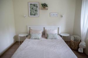 a bedroom with a white bed with two pillows at One24 House in Čortanovci +23 photos