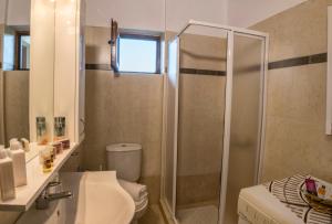 a bathroom with a shower and a toilet and a sink at Athina's House in Alónai +20 photos