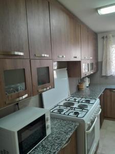 a kitchen with a stove and a microwave at Mypropertymychoise Nyayo estate in Nambale