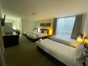a hotel room with two beds and a television at Fig Tree Motel in Narrandera