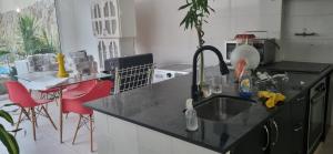 eine Küche mit Spüle und zwei roten Stühlen in der Unterkunft Wellnes in Villa Achával