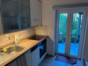 a kitchen with a sink and a door to a yard at Casa sul ruscello - piano terra Casa Gauguin in Arcegno