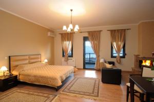 a bedroom with a bed and a desk and a fireplace at Hotel Agnanti Unique Hospitality in Kastoria
