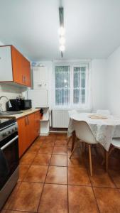 a kitchen with a table and a kitchen with a table and chairs at CID APARTMENT CAVNIC in Cavnic