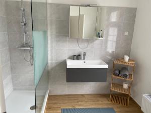 a bathroom with a sink and a shower at Ferienwohnung in Bad Wildungen, Erdgeschoß in Bad Wildungen